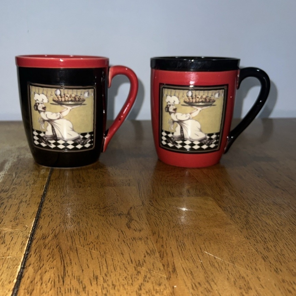 Fat Chef Mugs Set of 2 Black & Red Bistro Kitchen Decor Coffee Tea Mugs Italian